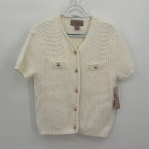 French Connection Womens Short Sleeve Cardigan Sweater Cream Gold Buttons M NEW